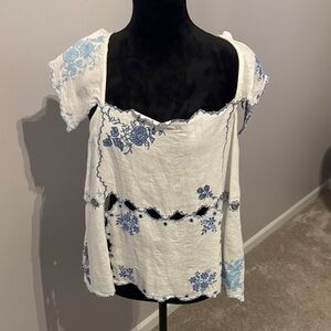 Anthropologie White and Blue Embroidered Blouse